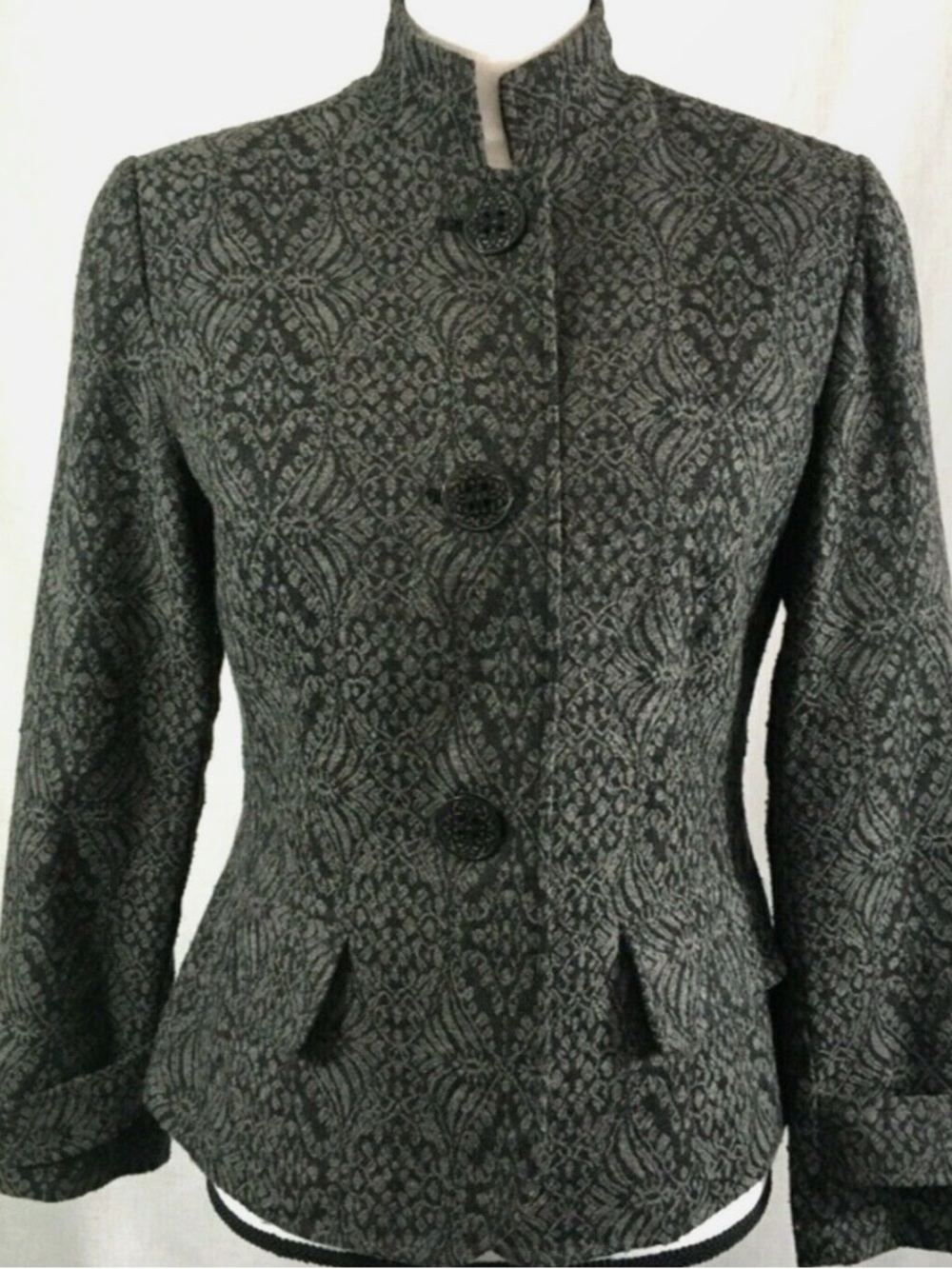 Coldwater Creek Jacquard Tapestry Mock Neck Gray Patterned Stand-Collar Blazer